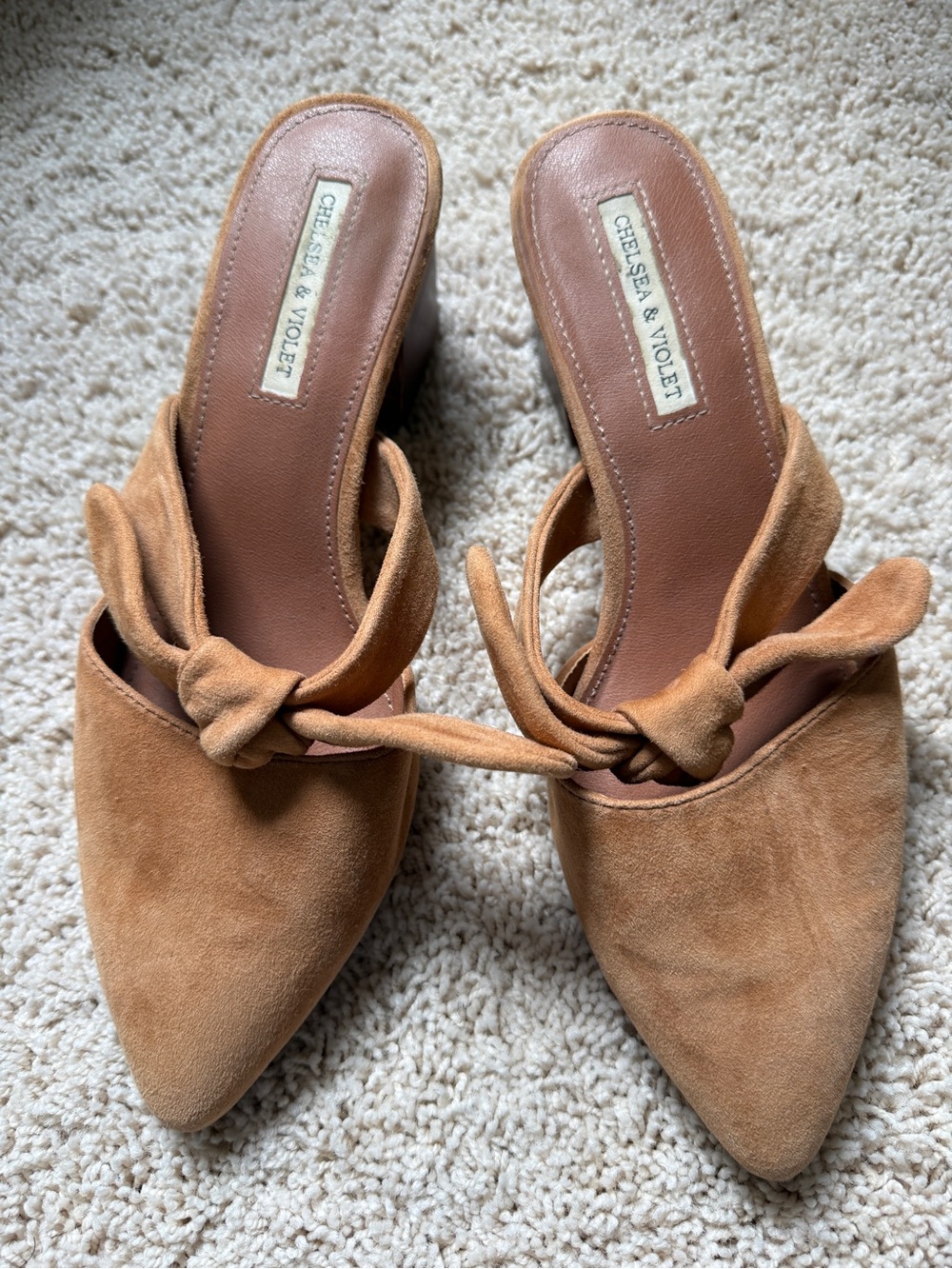 Chelsea & Violet Suede Knot Pointed-Toe Mules in Tan